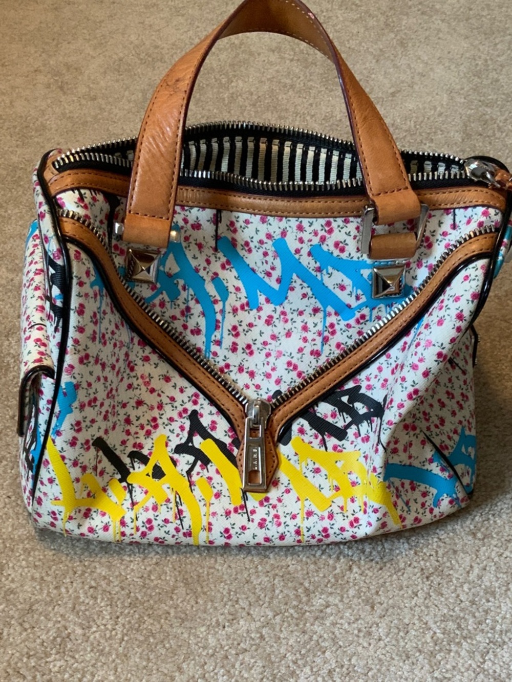 L.A.M.B. Floral Graffiti Satchel in White with Blue, Yellow & Pink Accents